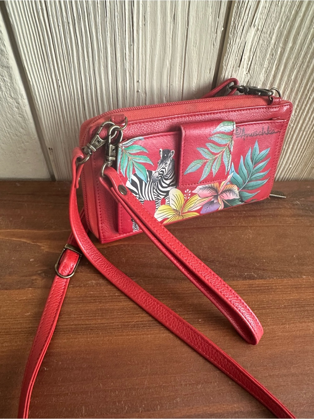 Anuschka Hand Painted Red Zebra & Tropical Floral Crossbody Wristlet Bag - Picture 14 of 16